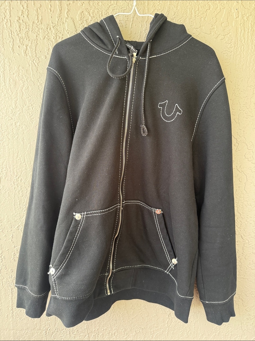 True Religion Black Zip Hoodie with White Contrast Stitching